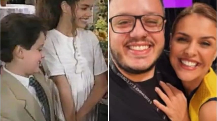 Murilo Troccoli e Paloma Bernardi em 'Colégio Brasil', em 1996, e em reencontro no 'Domingo Legal', em 2026 — Foto: Reprodução/Instagram