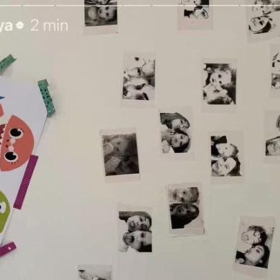 Amanda Kimberlly mostra mural de fotos com a filha Helena e Neymar