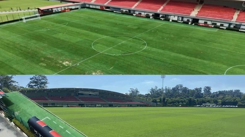 Campo 1 do CFA de Cotia, do São Paulo, antes (foto acima) e depois (foto abaixo) da reforma — Foto: Rperodução e Eder Traskini/ge.globo