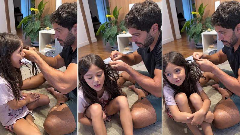 Duda Nagle ajuda a filha, Zoe, a tirar chiclete grudado no cabelo — Foto: Reprodução/Instagram