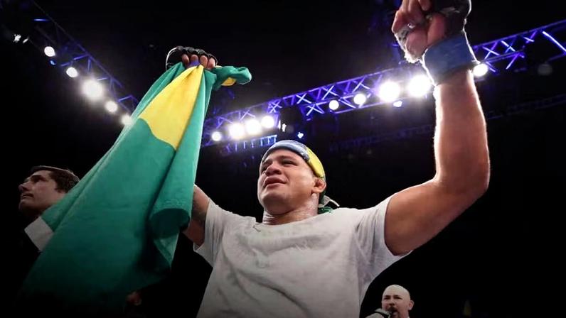Gilbert Burns of Brazil celebrates after his TKO victory over Demian Maia of Brazil in their welterweight fight during the UFC Fight Night event on March 14, 2020 in Brasilia, Brazil. (Photo by Buda Mendes/Zuffa LLC)