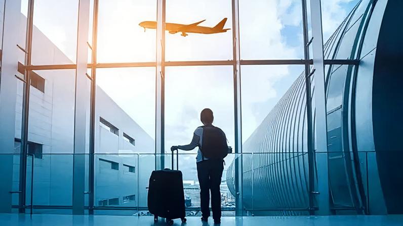 Getty Images A woman with luggage stands with her back to the camera looking at a plane through a window.