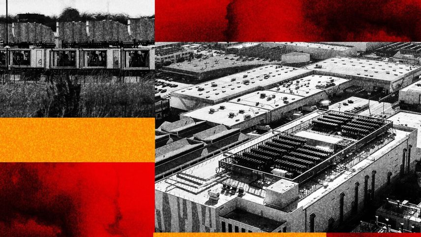 Photo collage showing smoke and data centers.