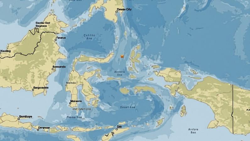 Epicentro do terremoto de magnitude 7,8, na região norte do Mar das Molucas, Indonésia