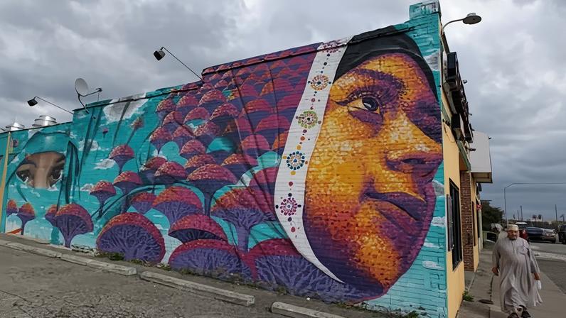 A mural painted in Hamtramck, Michigan.