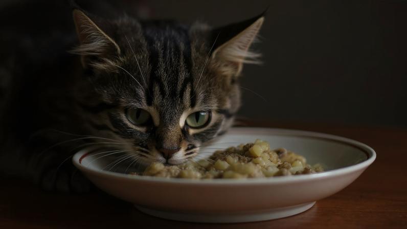 Fotografia de um gatinho comendo.
