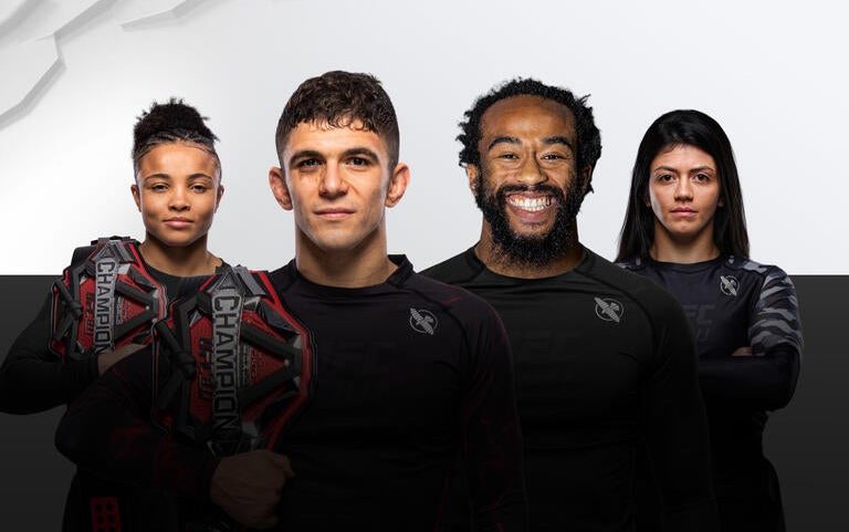 UFC BJJ 8 athletes standing side by side on a white and black background