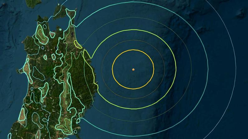 A United States Geological Survey 'shake map' of the estimated 7.4 magnitude earthquake off Japan’s northeast coast, on April 20.