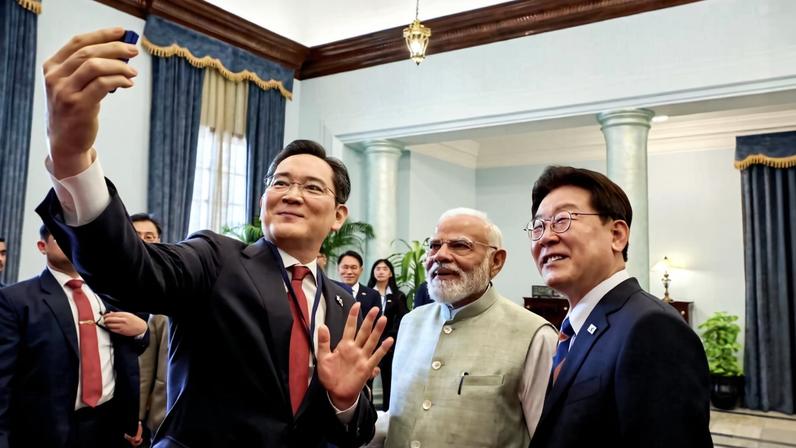 Jay Y. Lee, left, takes a selfie photo with Narendra Modi, India’s prime minister, center, and Lee Jae Myung, South Korean president, during a luncheon hosted by Modi in New Delhi, India, on April 20.