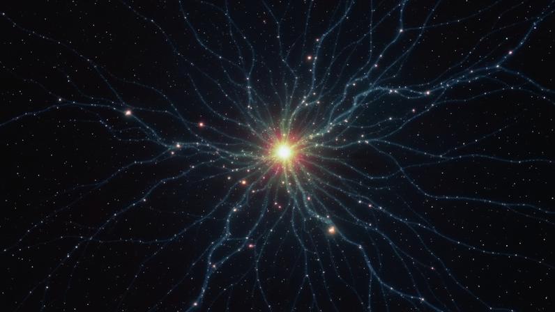 Simulação da “teia cósmica”, a vasta rede de fios e filamentos de matéria que se estende por todo o Universo: a densidade da matéria escura é representada pelas cores azul-púrpura (à esquerda), enquanto a densidade do gás é representada pelas cores laranja-vermelho (à direita). ESA