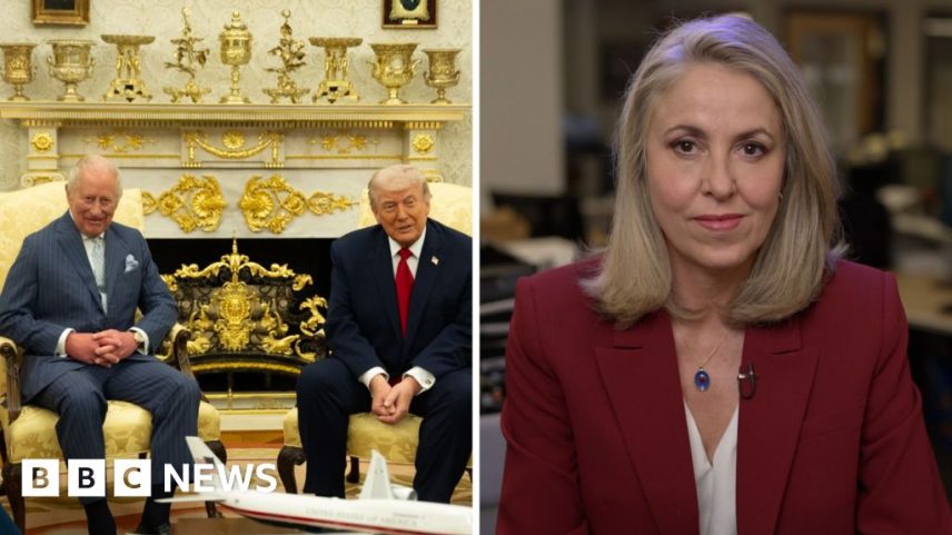 Splitscreen. Left, Charles and Trump in the Oval Office. Right, Sarah Smith.
