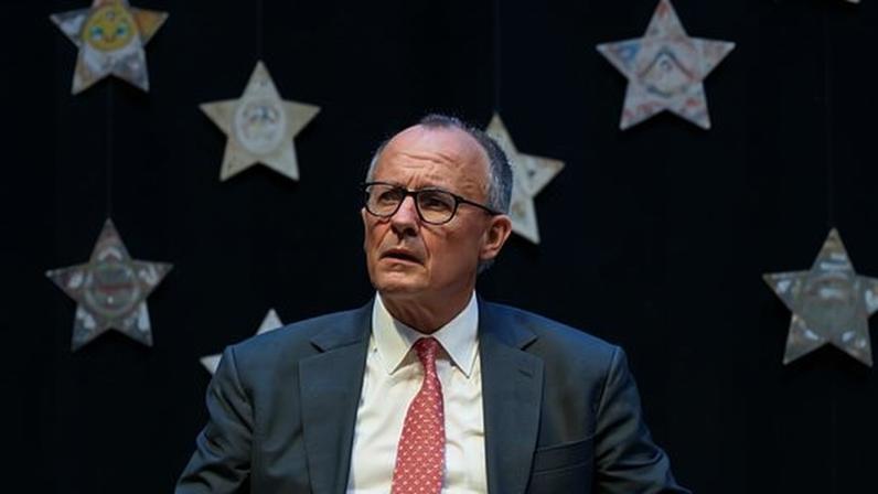 Friedrich Merz takes part in a panel discussion with students at the Carolus-Magnus-Gymnasium in Marsberg, Germany, on Monday.