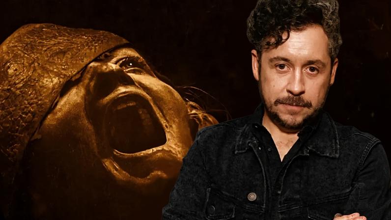 Montagem do diretor Lee Cronin ao lado do poster do filme da Múmia 2026.