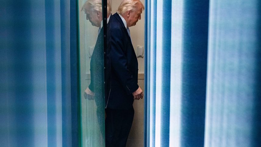 US President Donald Trump departs after speaking with reporters at the White House, Monday, April 6, 2026, in Washington. (AP Photo/Alex Brandon)