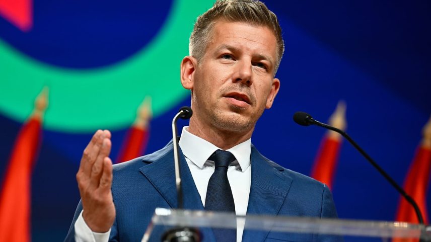 Péter Magyar gestures as he speaks to the media in Budapest, Hungary, Monday, 13 April 2026.