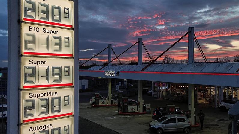 The sun has set behind a gas station in Frankfurt, Germany, March 31, 2026.