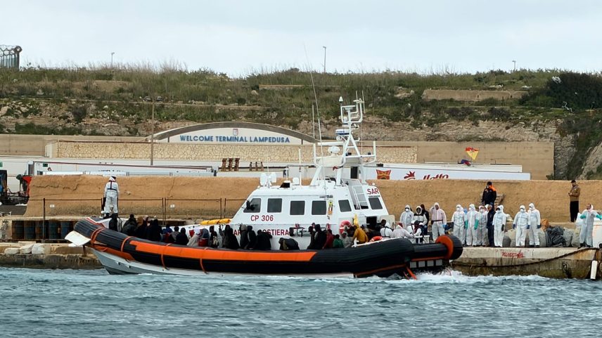 Italian Coast Guard rescue boat at dock in the southern island of Lampedusa, disembarks those rescued from a dinghy at about 80 nautical miles from Lampedusa, 1 April 2026