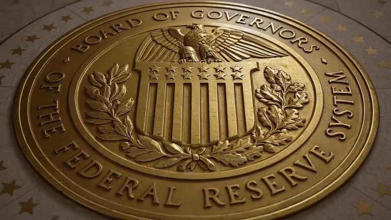 FILE- In this Feb. 5, 2018, file photo, the seal of the Board of Governors of the United States Federal Reserve System is displayed in their building in Washington.