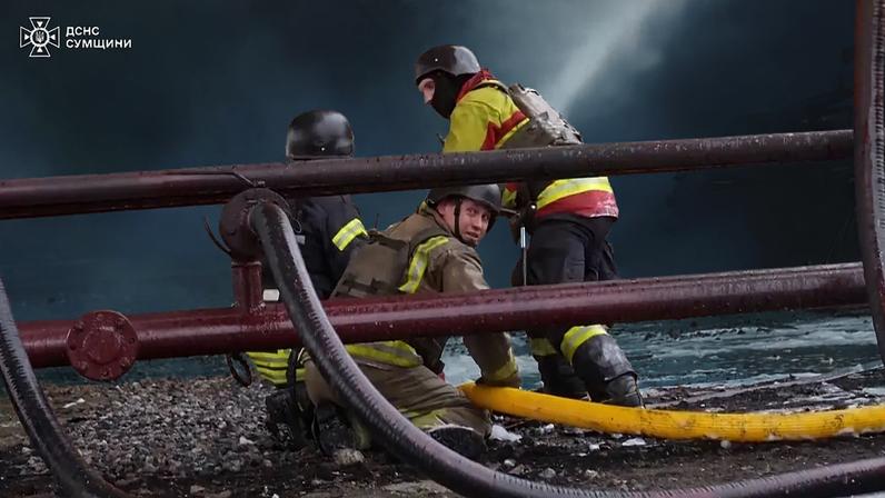 Firefighters battle flames after Russian strike