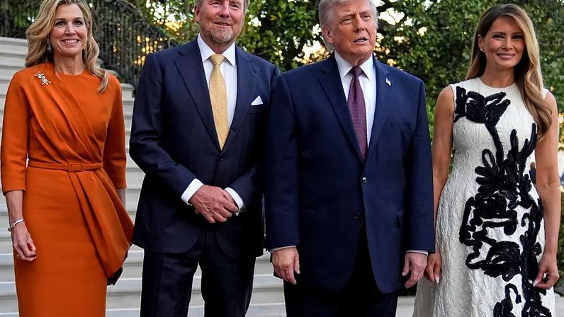 President Donald Trump and first lady Melania Trump greet King Willem-Alexander and Queen Máxima of the Netherlands at the White House