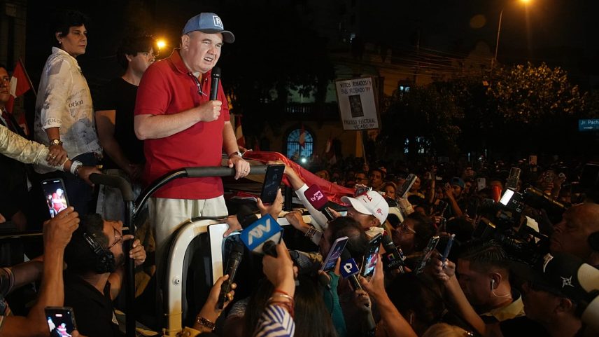 Rafael Lopez Aliaga, presidential candidate of the Popular Renewal party, speaks to supporters as electoral authorities continue to count the ballots