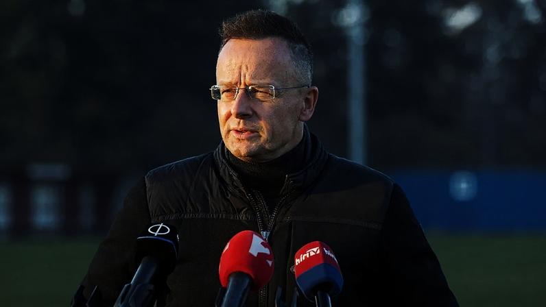 Hungarian Foreign Minister Peter Szijjarto talks to media after casting his vote during the general election in Dunakeszi, Hungary, Sunday, April 12, 2026. (Zoltan Kocsis/MTI)