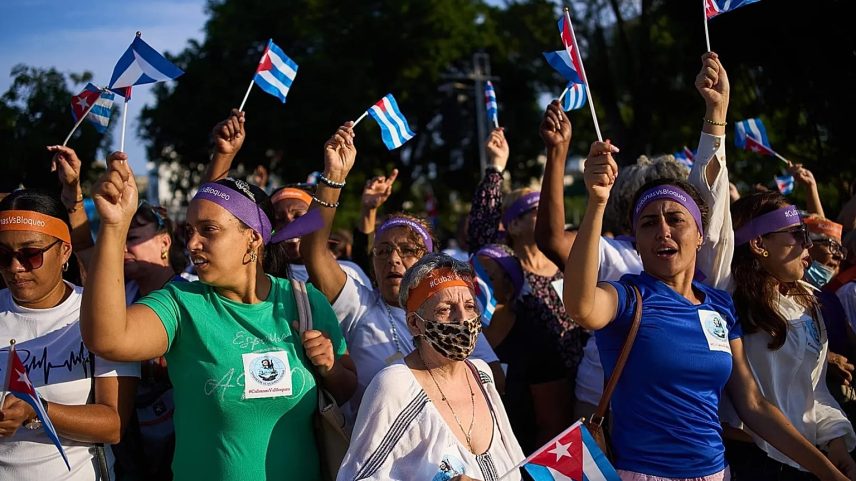 Women attend a rally calling for the end of the US blockade against the island nation in Havana, 7 April, 2026