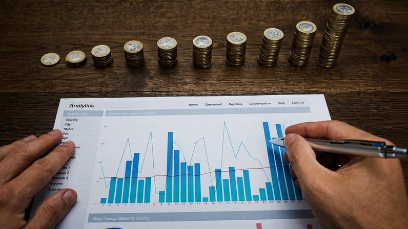 Pessoa analisa gráfico em frente a moedas empilhadas