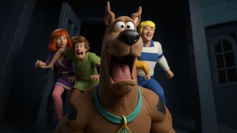 De baixo p/ cima, Tanner Hagen é Salsicha, Abby Ryder Fortson é Velma, McKenna Grace é Daphne e Maxwell Jenkins é Fred Jones em cena da série 'Scooby-Doo: Origins'