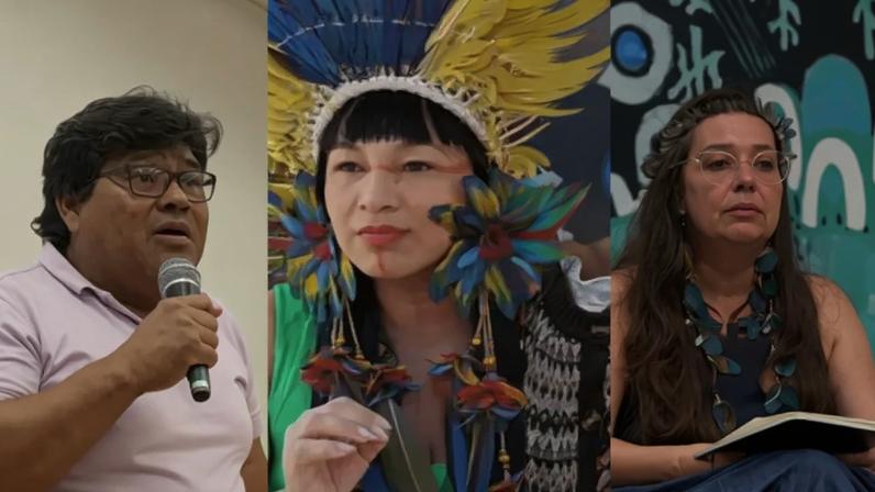 Da esquerda para a direita: Cristino Wapichana, Auritha Tabajara, Trudruá Dorrico, Ezequiel Vitor Tuxá, Geni Núñez e Márcia Kambeba.