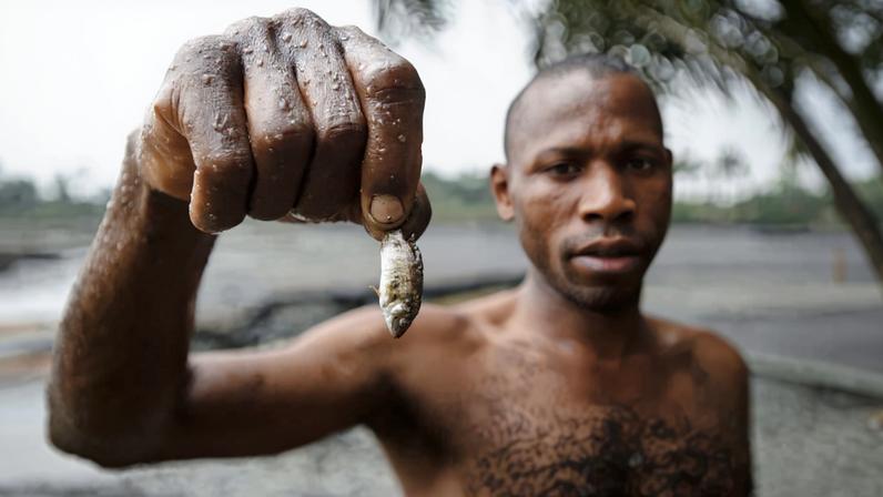 A fisher displays a meager catch at Goi Creek, Nigeria, in 2013, following oil spills in the area in years prior. Image by Milieudefensie via Flickr (CC BY-NC-SA 2.0).