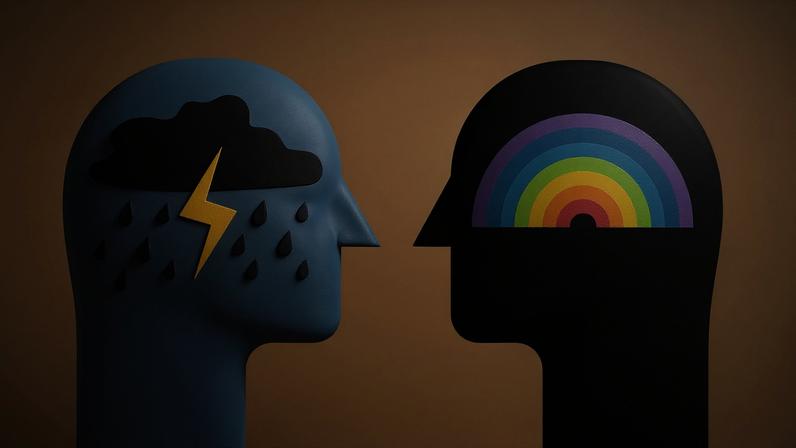 silhueta de duas cabeças humanas com psicoterapia de saúde mental cerebral, conceito bipolar, terapeuta e paciente, ilustração plana em vetor