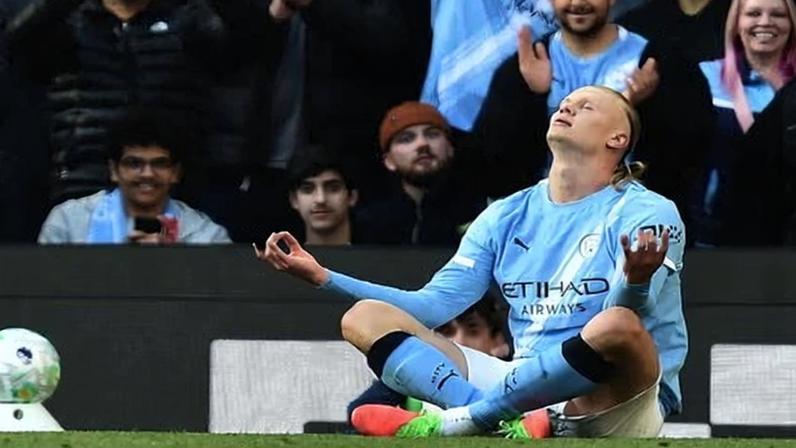Erling Haaland celebrates his goal against Arsenal – the Norwegian’s 23rd in the league this season.