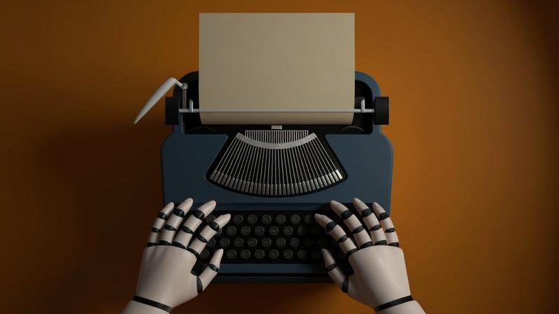 Ilustração em fundo amarelo mostra um robo escrevendo em uma máquina de escrever azul; papeis amassados ao lado da máquina completam a imagem