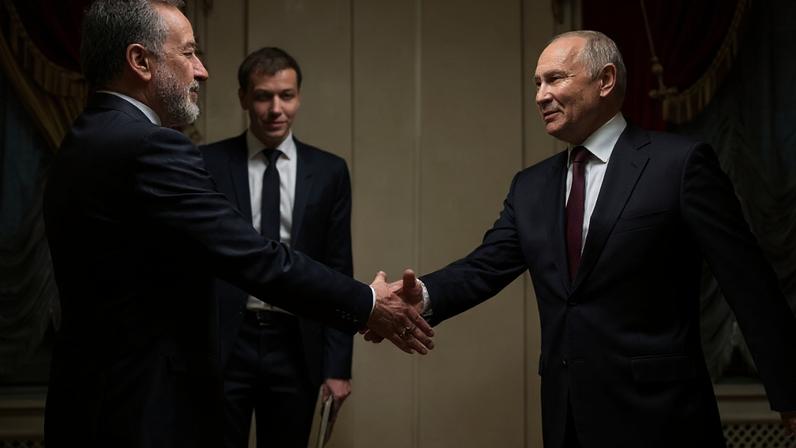 O presidente russo Vladimir Putin aperta a mão do ministro das Relações Exteriores do Irã, Abbas Araghchi, durante encontro na Biblioteca Presidencial Boris Yeltsin, em São Petersburgo, em 27 de abril de 2026.