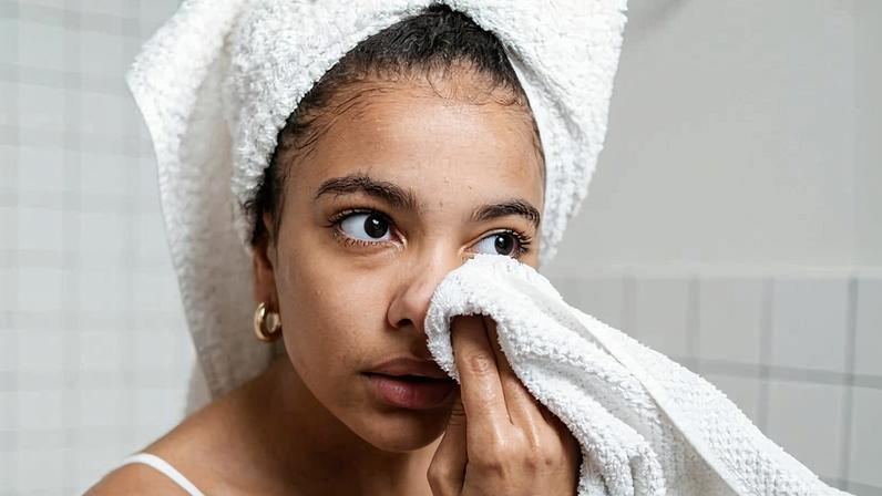 Uma jovem está em um banheiro, usando uma toalha branca na cabeça e segurando uma toalha branca com as duas mãos. Ela está olhando para o espelho enquanto limpa o rosto com a toalha. O ambiente é minimalista, com azulejos brancos ao fundo e um gancho na parede.