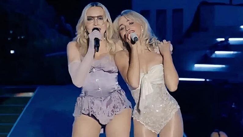 Madonna faz participação especial no show de Sabrina Carpenter no Coachella 2026, na Califórnia.