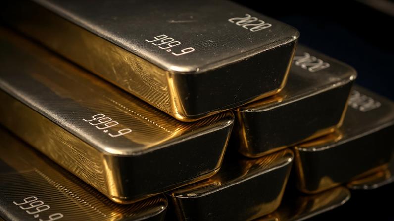 Seis barras de ouro empilhadas em duas camadas sobre superfície refletiva preta. Cada barra tem a marcação '999.9' indicando pureza e um número de série gravado na superfície.