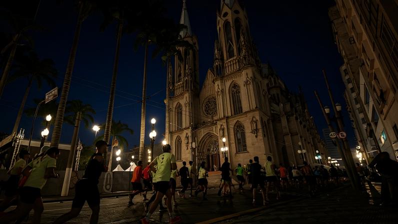 O colunista Paulo Vieira (número 3265), no canto inferior-direito, durante a maratona SP City de 2024