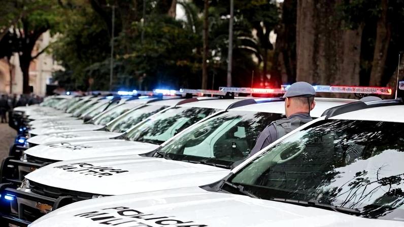 Fileira de carros de polícia com as sirenes ligadas e um policial de costas