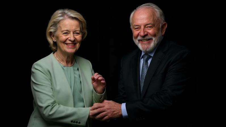 A presidente da Comissão Europeia, Ursula von der Leyen, e o presidente Lula (PT) durante encontro na véspera da assinatura do acordo UE-Mercosul, no Palácio do Itamaraty, no Rio de Janeiro