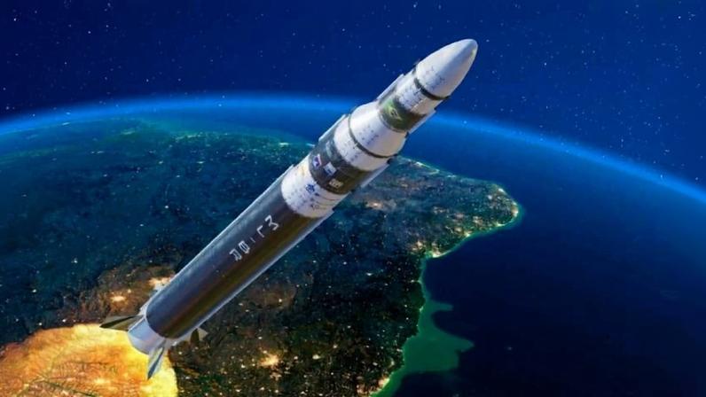 Concepção artística do Microlançador Brasileiro (MLBR), com 12 metros, 3 estágios e capacidade de levar até 40 kg à órbita