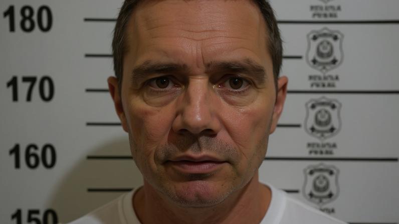 Homem de cabelos curtos e castanhos olha diretamente para a câmera. Ao fundo, régua de altura com marcações de 150 a 190 centímetros e símbolos oficiais.