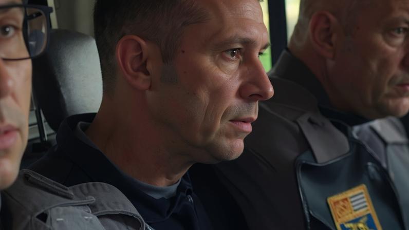 Homem de perfil sentado entre dois policiais dentro de um veículo. Os policiais vestem uniformes escuros com distintivos visíveis no ombro.