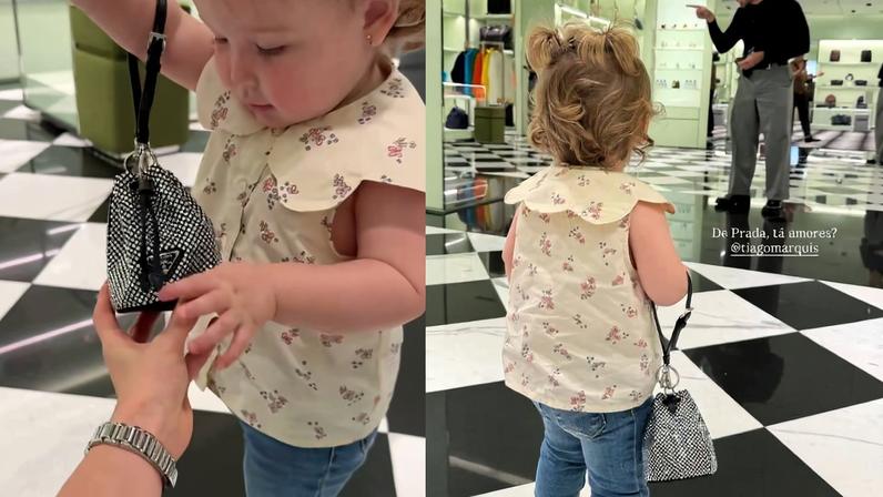 Aurora, filha de Duda Reis, usa bolsa da Prada avaliada em R$ 6,5 mil