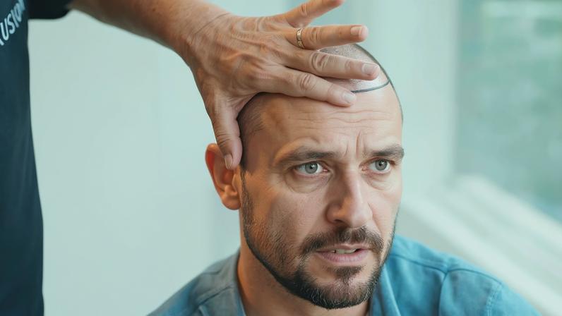 Homem sentado com roupa hospitalar azul tem a cabeça marcada com caneta preta para procedimento cirúrgico. Outra pessoa segura sua cabeça para posicionamento.