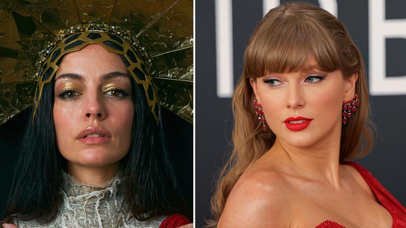 Anne Hathaway (esq.), que vive estrela pop em filme inspirado em Taylor Swift (dir.)