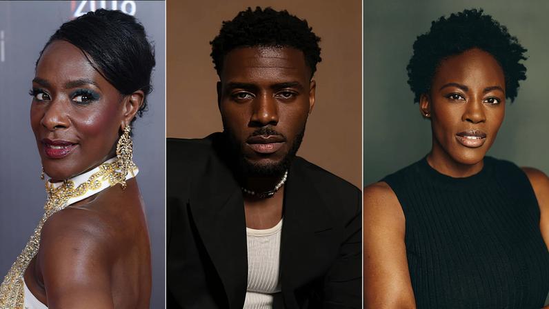 Três retratos lado a lado: mulher com vestido branco e dourado, brincos grandes, olhando para trás; homem com blazer preto e camiseta branca, olhando diretamente; mulher com blusa preta sem mangas, braços cruzados, olhando para frente.