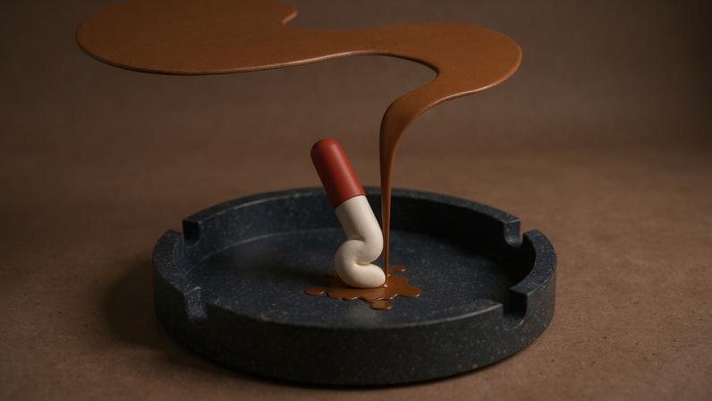 A imagem mostra um cinzeiro com um cigarro parcialmente apagado dentro dele. O cigarro está inclinado, com a ponta encostada no fundo do cinzeiro, de onde sai uma pequena quantidade de fumaça que sobe em forma de linha ondulada.