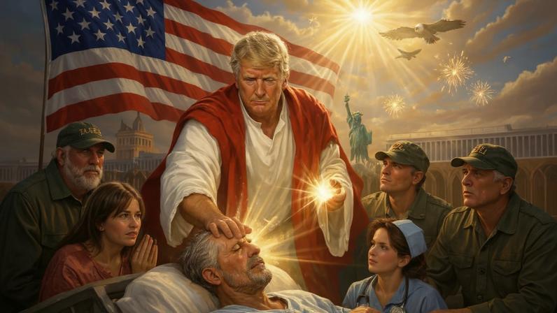 O presidente dos EUA, Donald Trump, publicou uma ilustração em que aparece vestido com roupas que remetem a Jesus